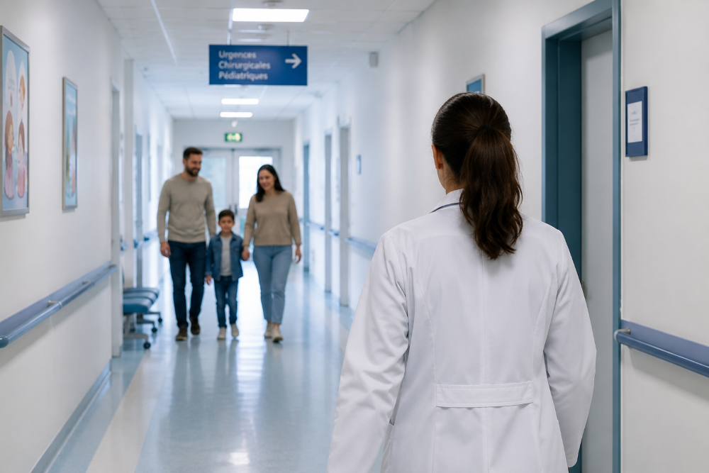 Au fond d'un couloir d'hôpital, on aperçoit au loin un enfant accompagné de sa mère et de son père, et de dos la chirurgienne pédiatre qui vient les accueillir